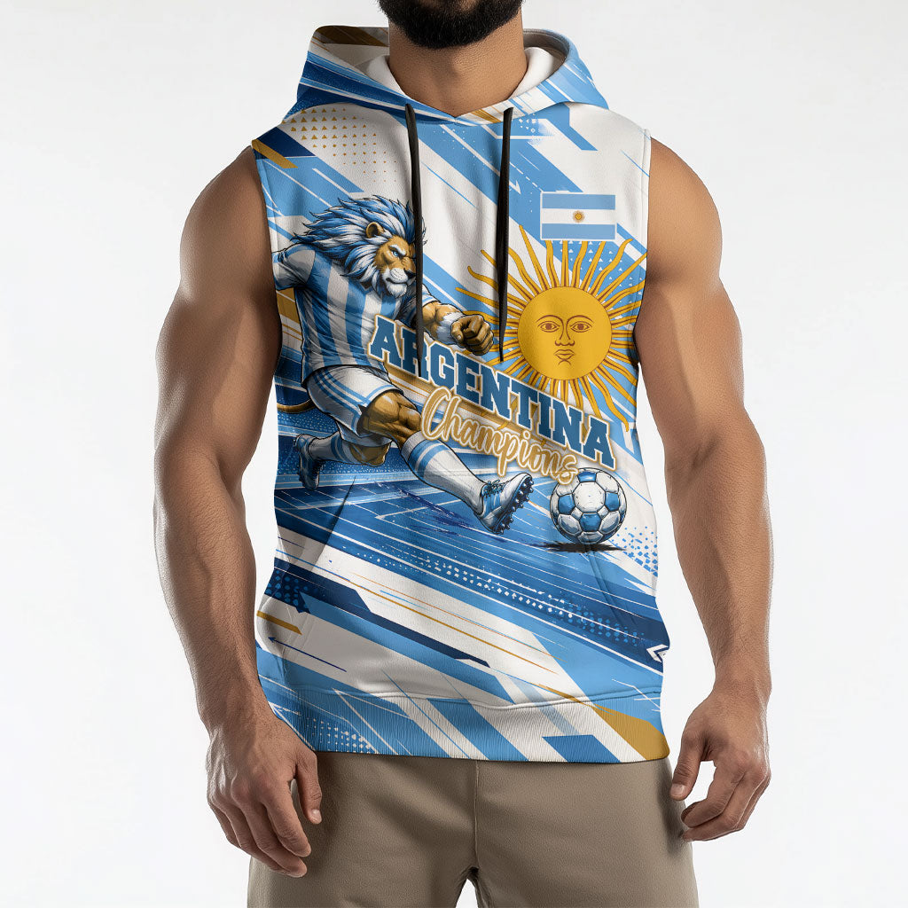 Personalized Argentina Football Champions Sleeveless Hoodie Sun Of May Lion Mascot - Style of King
