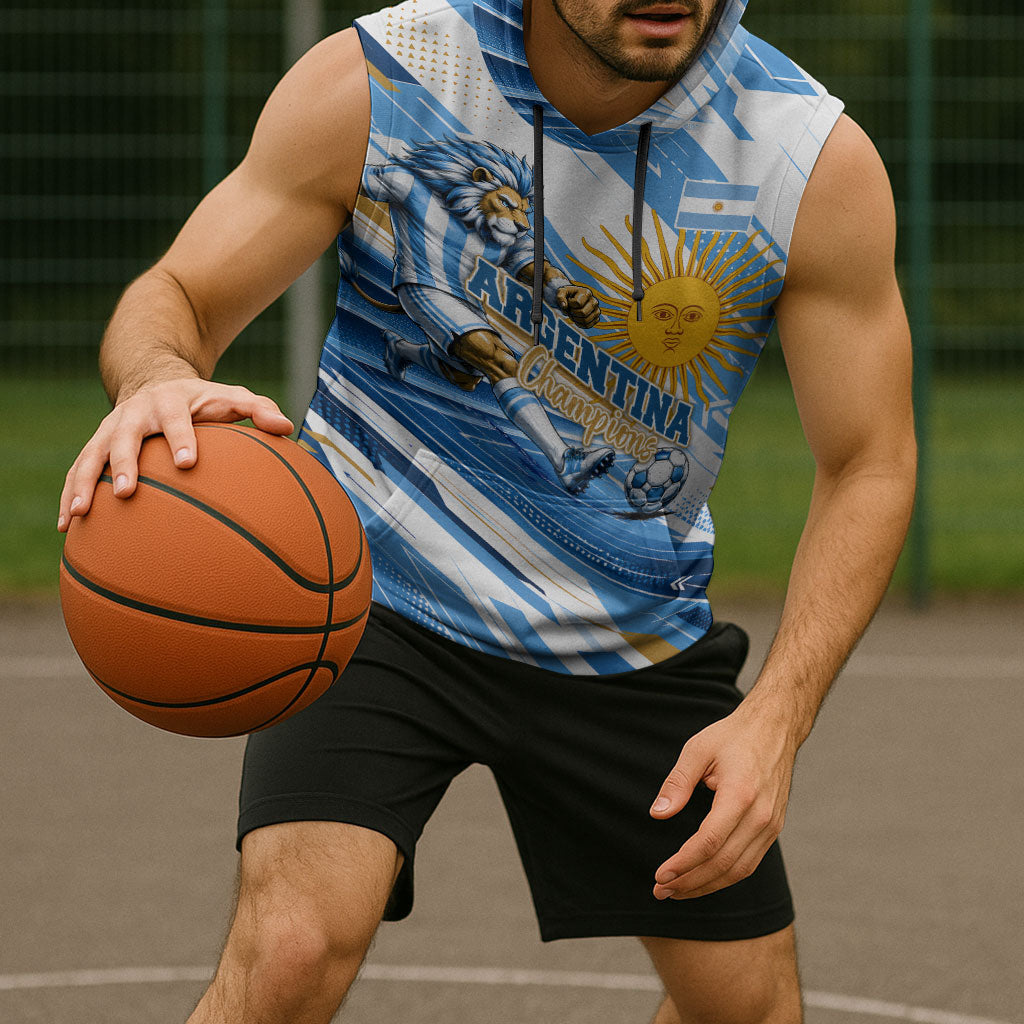 Personalized Argentina Football Champions Sleeveless Hoodie Sun Of May Lion Mascot - Style of King