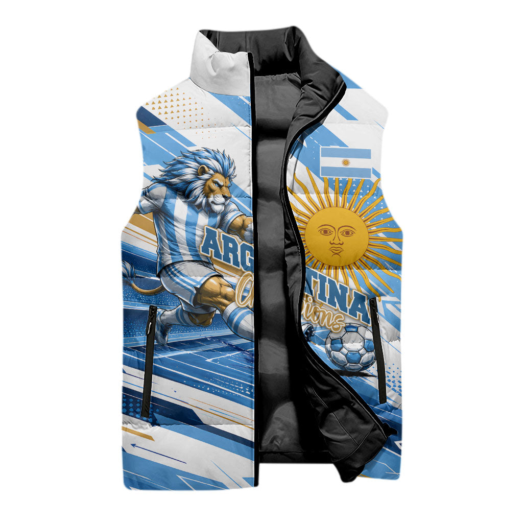 Personalized Argentina Football Champions Sleeveless Puffer Jacket Sun Of May Lion Mascot - Style of King