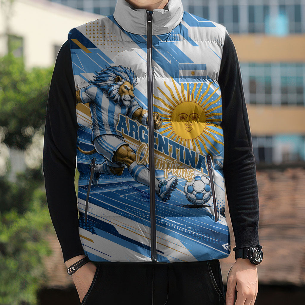 Personalized Argentina Football Champions Sleeveless Puffer Jacket Sun Of May Lion Mascot - Style of King