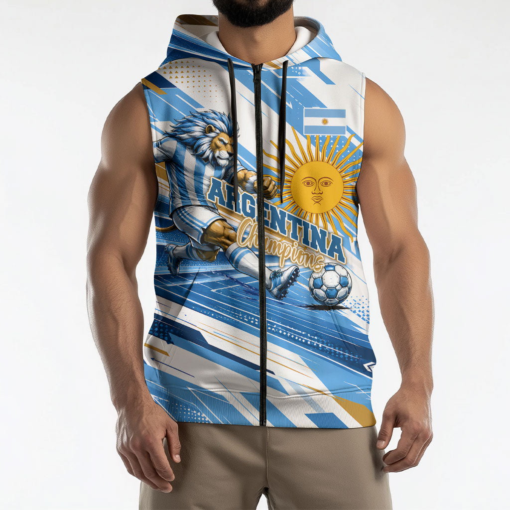 Personalized Argentina Football Champions Sleeveless Zip Hoodie Sun Of May Lion Mascot - Style of King