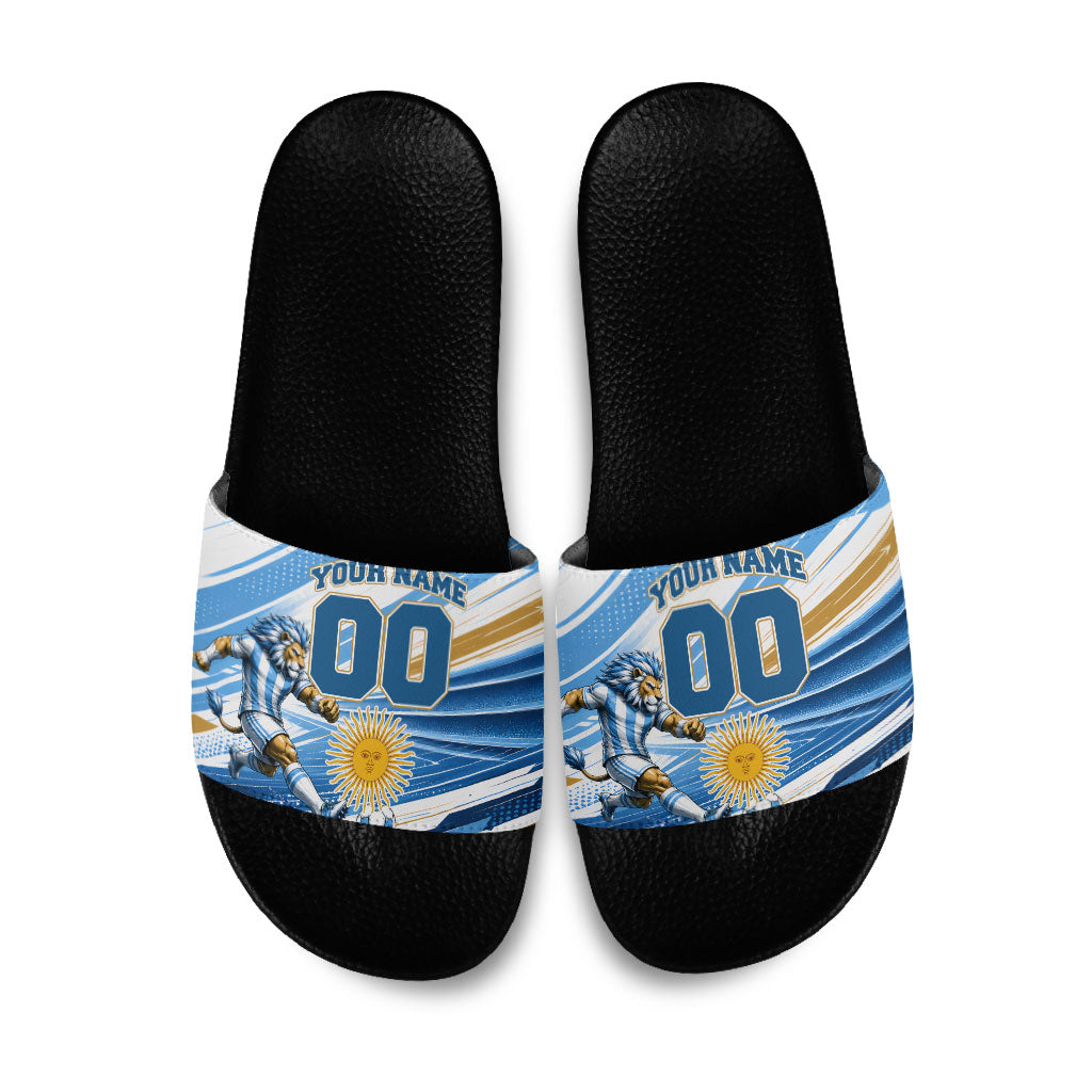 Personalized Argentina Football Champions Slide Sandals Sun Of May Lion Mascot - Style of King