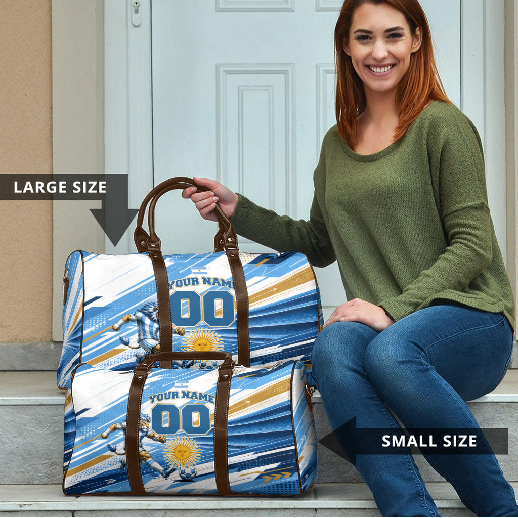 Personalized Argentina Football Champions Travel Bag Sun Of May Lion Mascot - Style of King
