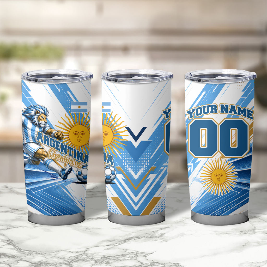 Personalized Argentina Football Champions Tumbler Cup Sun Of May Lion Mascot - Style of King