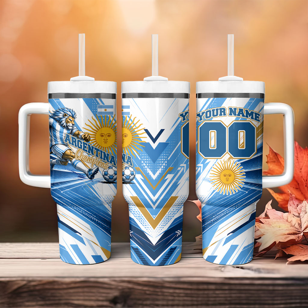Personalized Argentina Football Champions Tumbler With Handle Sun Of May Lion Mascot - Style of King
