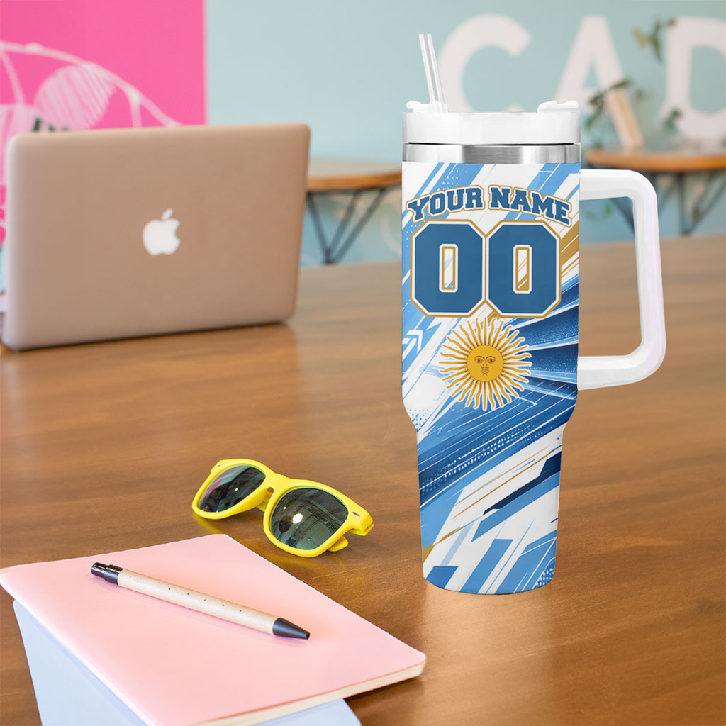 Personalized Argentina Football Champions Tumbler With Handle Sun Of May Lion Mascot - Style of King