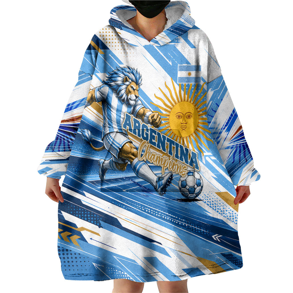 Personalized Argentina Football Champions Wearable Blanket Hoodie Sun Of May Lion Mascot - Style of King
