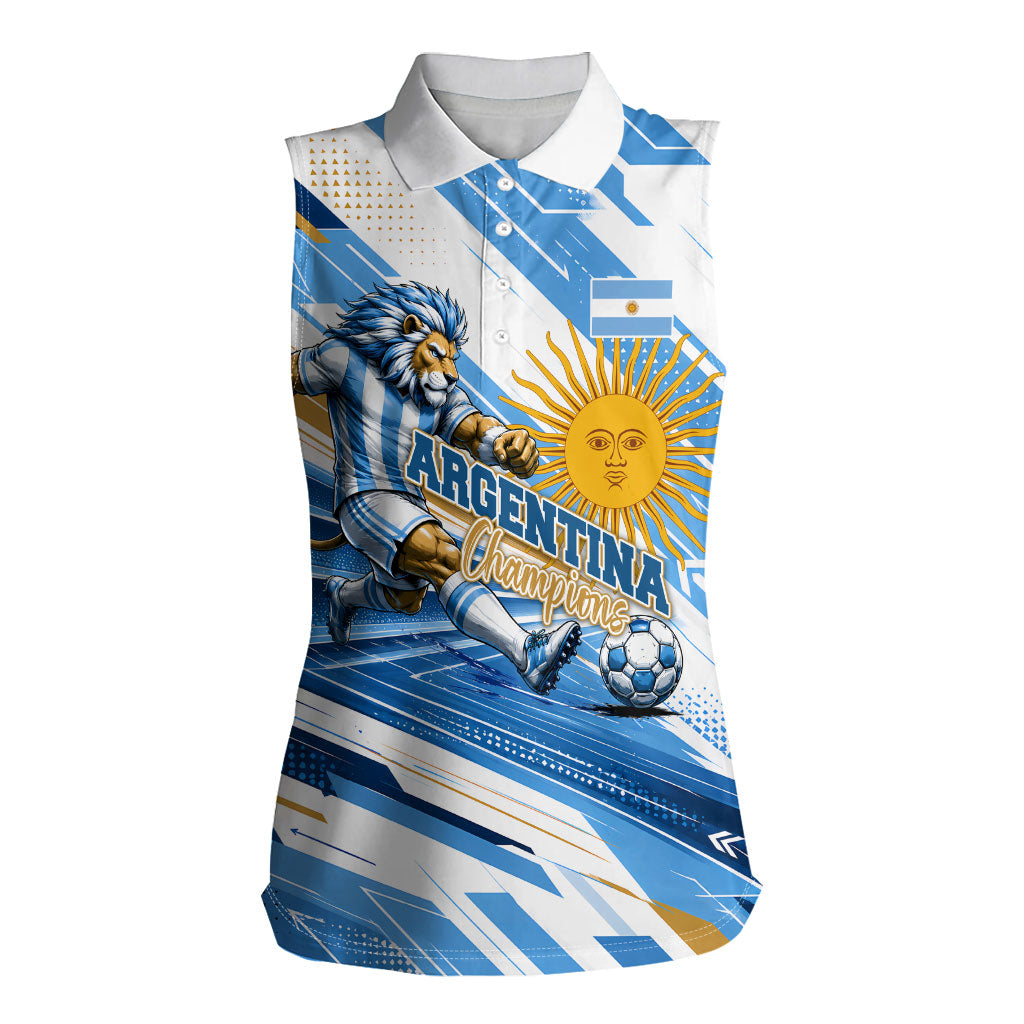 Personalized Argentina Football Champions Women Sleeveless Polo Shirt Sun Of May Lion Mascot - Style of King