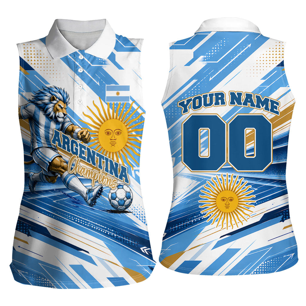 Personalized Argentina Football Champions Women Sleeveless Polo Shirt Sun Of May Lion Mascot - Style of King