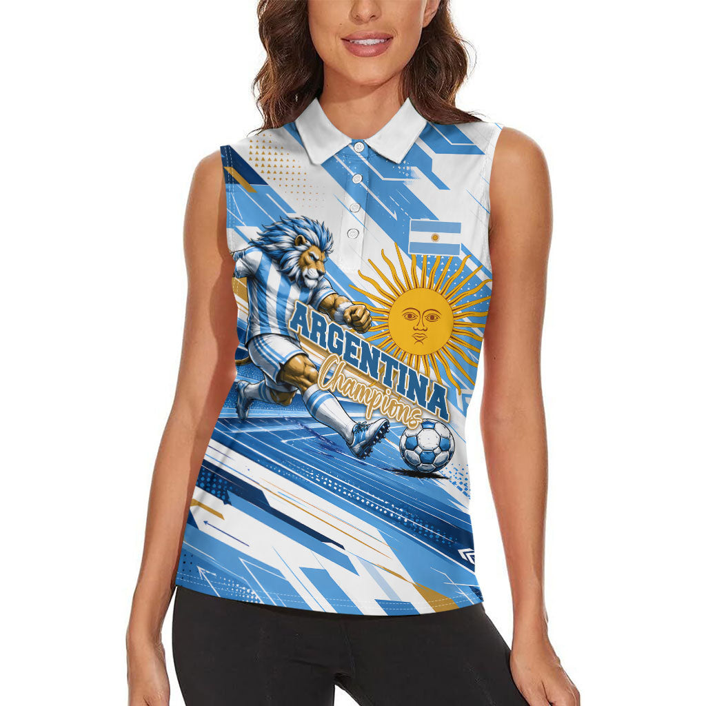 Personalized Argentina Football Champions Women Sleeveless Polo Shirt Sun Of May Lion Mascot - Style of King