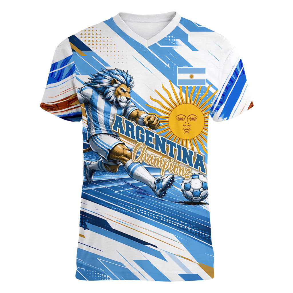 Personalized Argentina Football Champions Women V-Neck T-Shirt Sun Of May Lion Mascot - Style of King