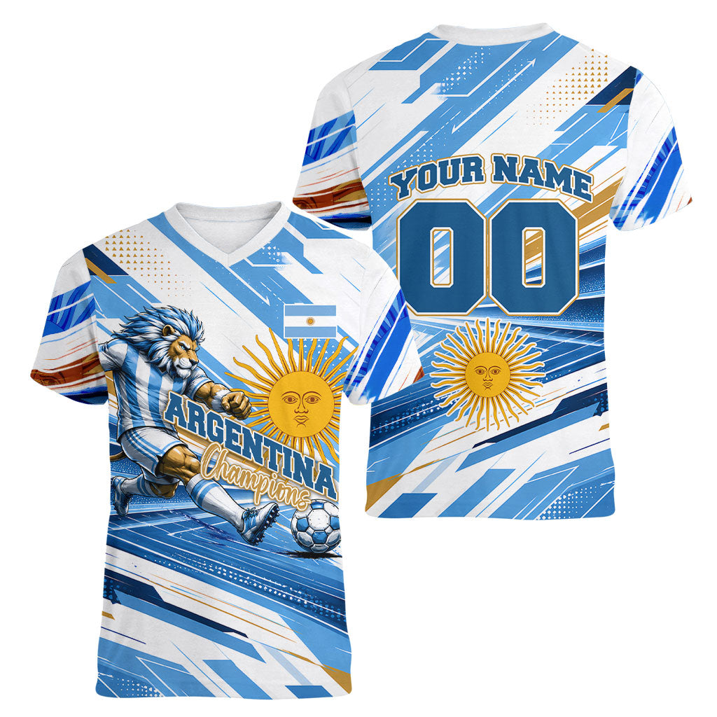 Personalized Argentina Football Champions Women V-Neck T-Shirt Sun Of May Lion Mascot - Style of King