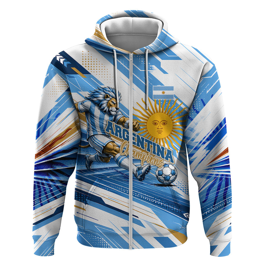 Personalized Argentina Football Champions Zip Hoodie Sun Of May Lion Mascot - Style of King