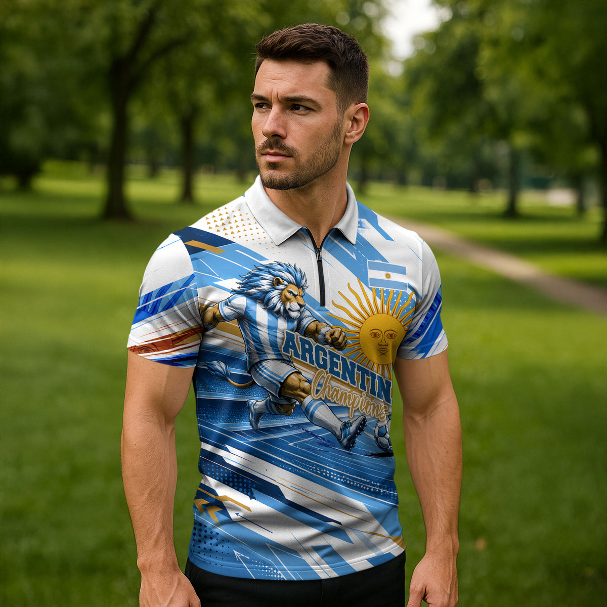 Personalized Argentina Football Champions Zipper Polo Shirt Sun Of May Lion Mascot - Style of King