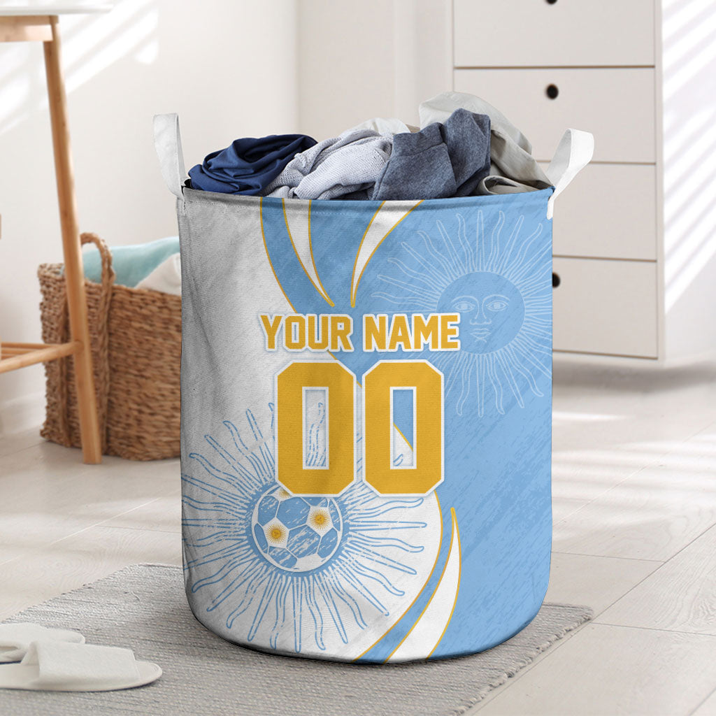 Personalized Argentina Football Fan Pride Laundry Basket Sun Of May Motif With Distressed Textures And Waves