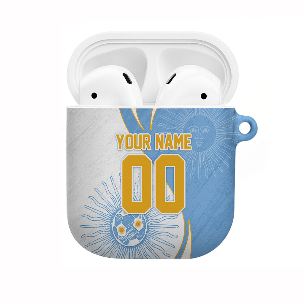 Personalized Argentina Football Fan Pride AirPods Case Sun Of May Motif With Distressed Textures And Waves
