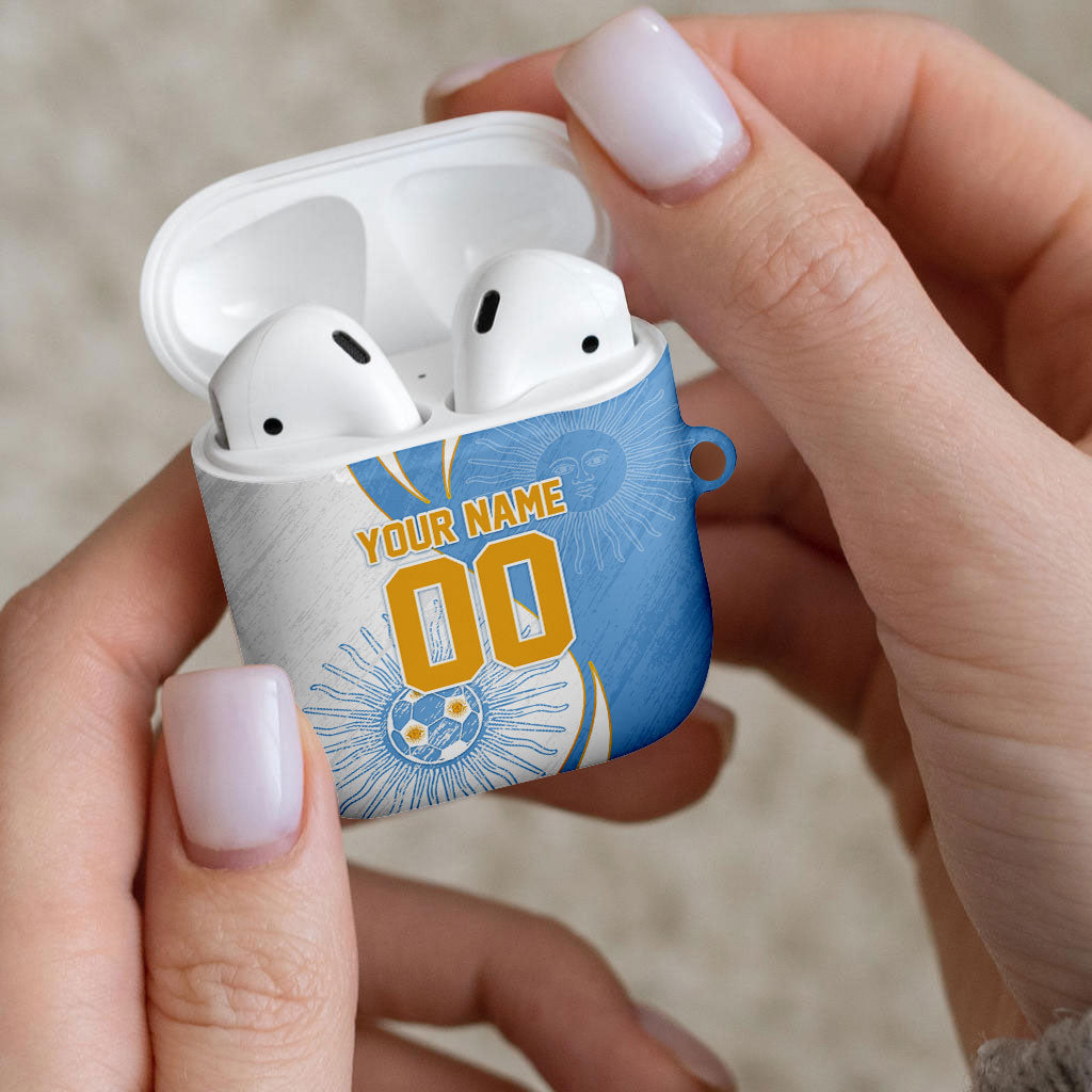 Personalized Argentina Football Fan Pride AirPods Case Sun Of May Motif With Distressed Textures And Waves