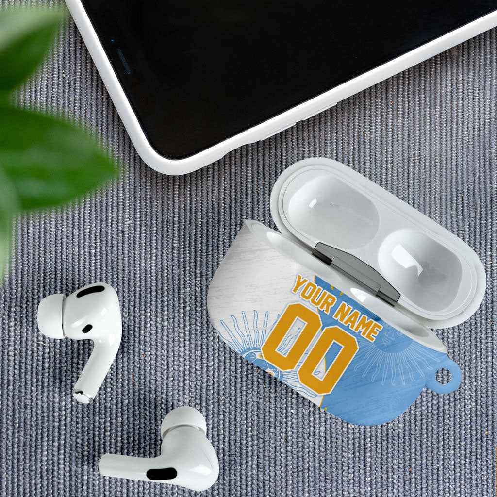 Personalized Argentina Football Fan Pride AirPods Case Sun Of May Motif With Distressed Textures And Waves