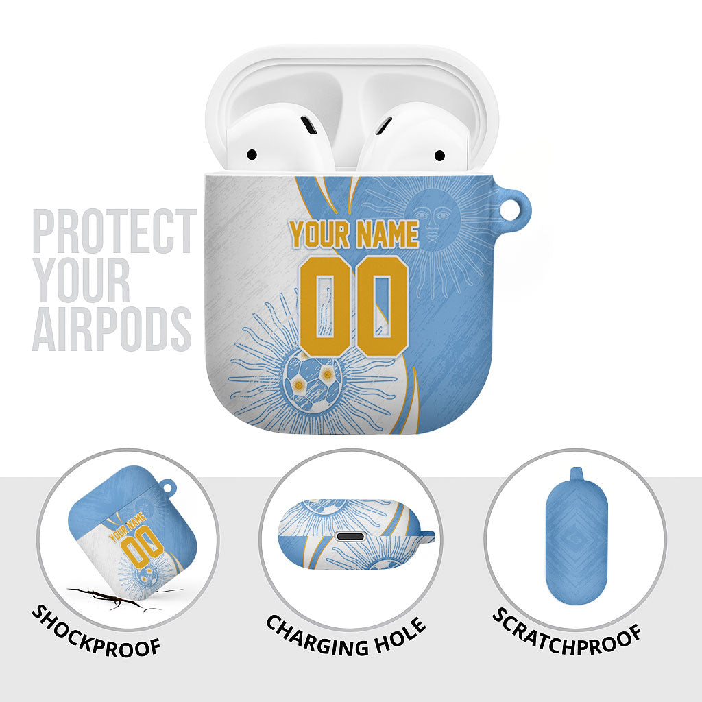 Personalized Argentina Football Fan Pride AirPods Case Sun Of May Motif With Distressed Textures And Waves