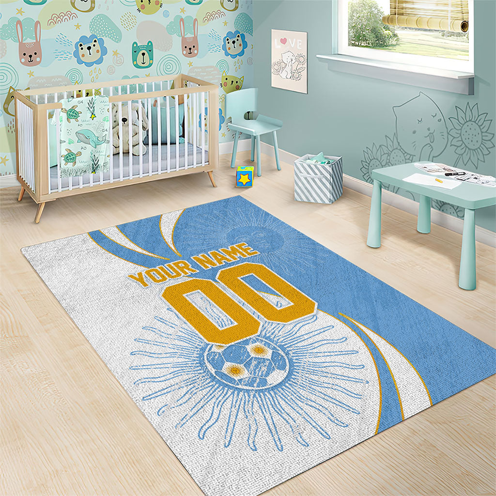 Personalized Argentina Football Fan Pride Area Rug Sun Of May Motif With Distressed Textures And Waves