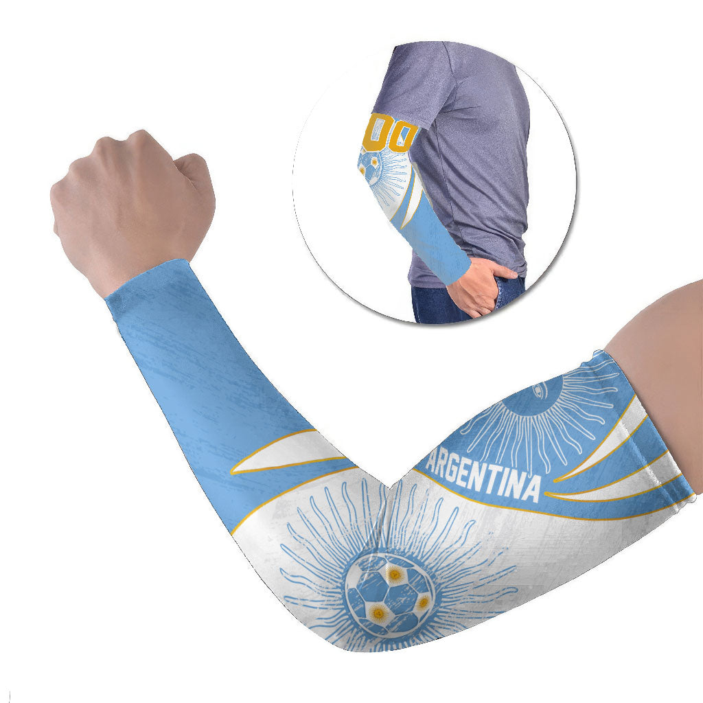 Personalized Argentina Football Fan Pride Arm Sleeves Sun Of May Motif With Distressed Textures And Waves