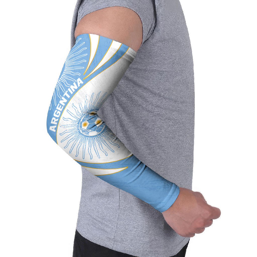Personalized Argentina Football Fan Pride Arm Sleeves Sun Of May Motif With Distressed Textures And Waves