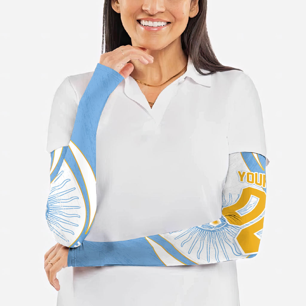 Personalized Argentina Football Fan Pride Arm Sleeves Sun Of May Motif With Distressed Textures And Waves