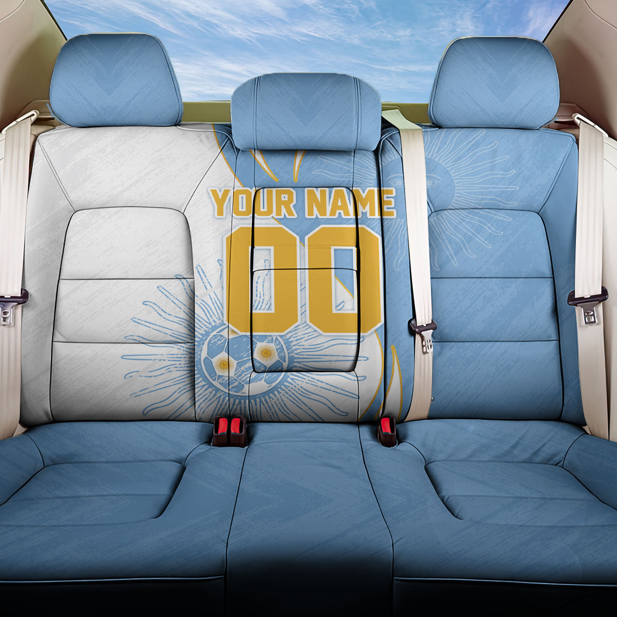 Personalized Argentina Football Fan Pride Back Car Seat Cover Sun Of May Motif With Distressed Textures And Waves