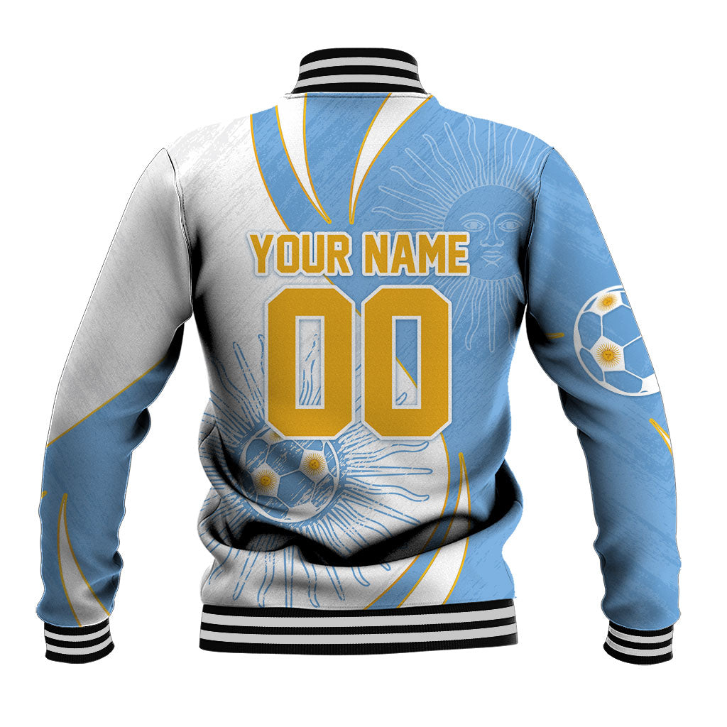 Personalized Argentina Football Fan Pride Baseball Jacket Sun Of May Motif With Distressed Textures And Waves