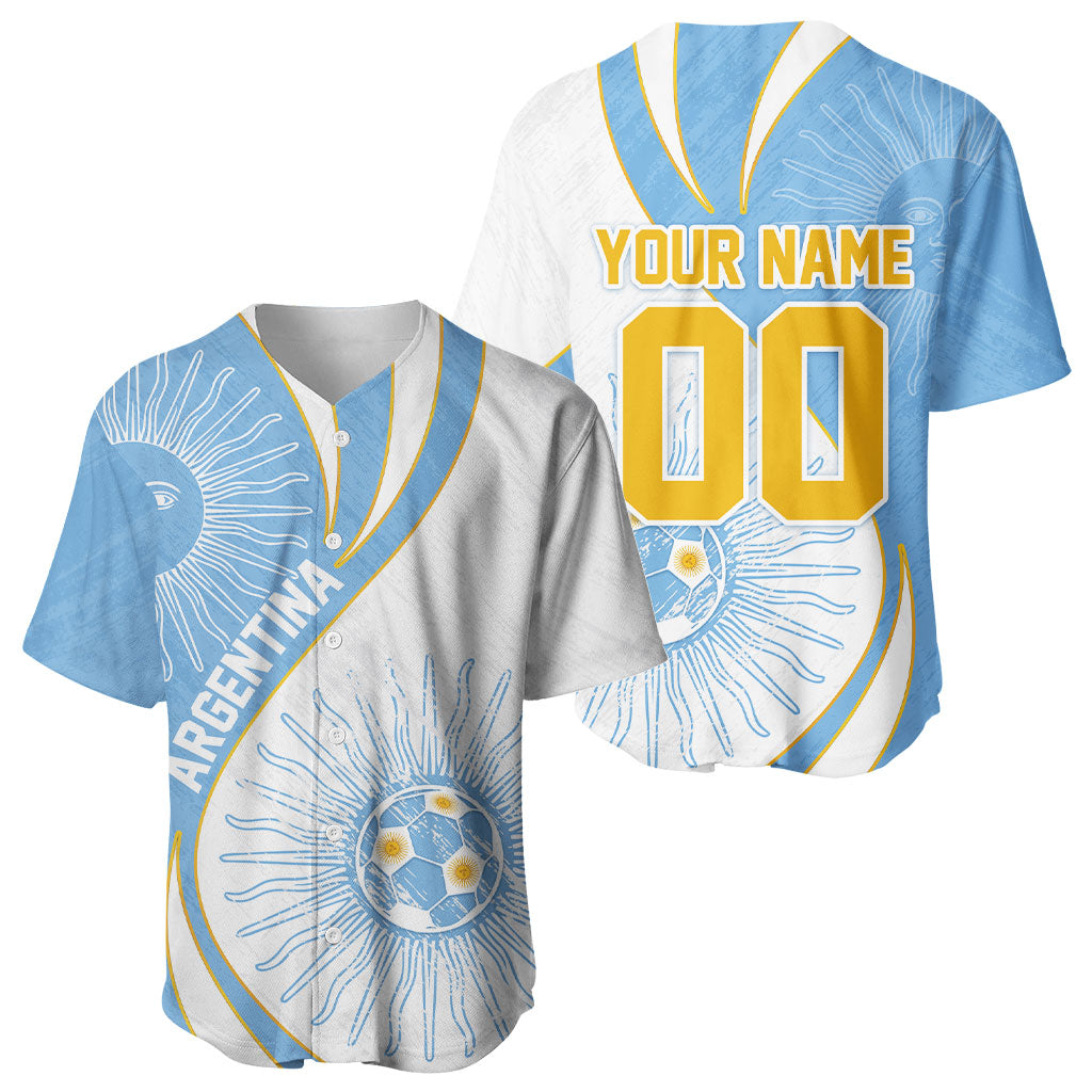 Personalized Argentina Football Fan Pride Baseball Jersey Sun Of May Motif With Distressed Textures And Waves
