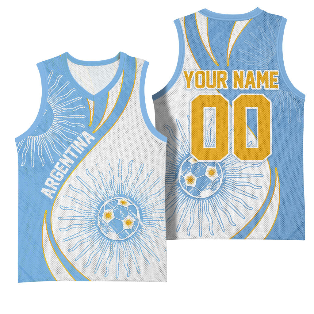 Personalized Argentina Football Fan Pride Basketball Jersey Sun Of May Motif With Distressed Textures And Waves