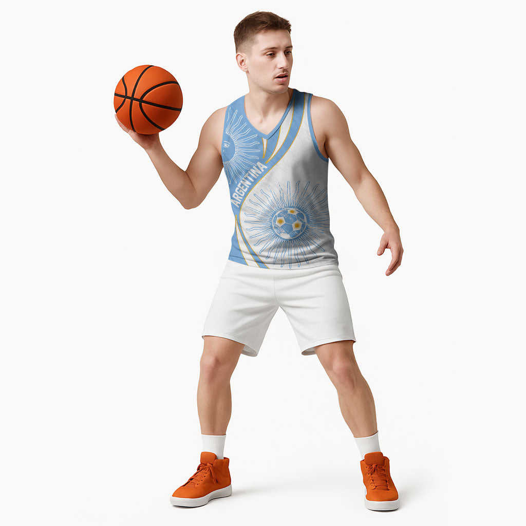 Personalized Argentina Football Fan Pride Basketball Jersey Sun Of May Motif With Distressed Textures And Waves