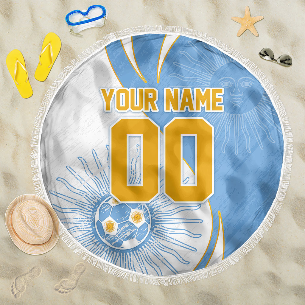 Personalized Argentina Football Fan Pride Beach Blanket Sun Of May Motif With Distressed Textures And Waves