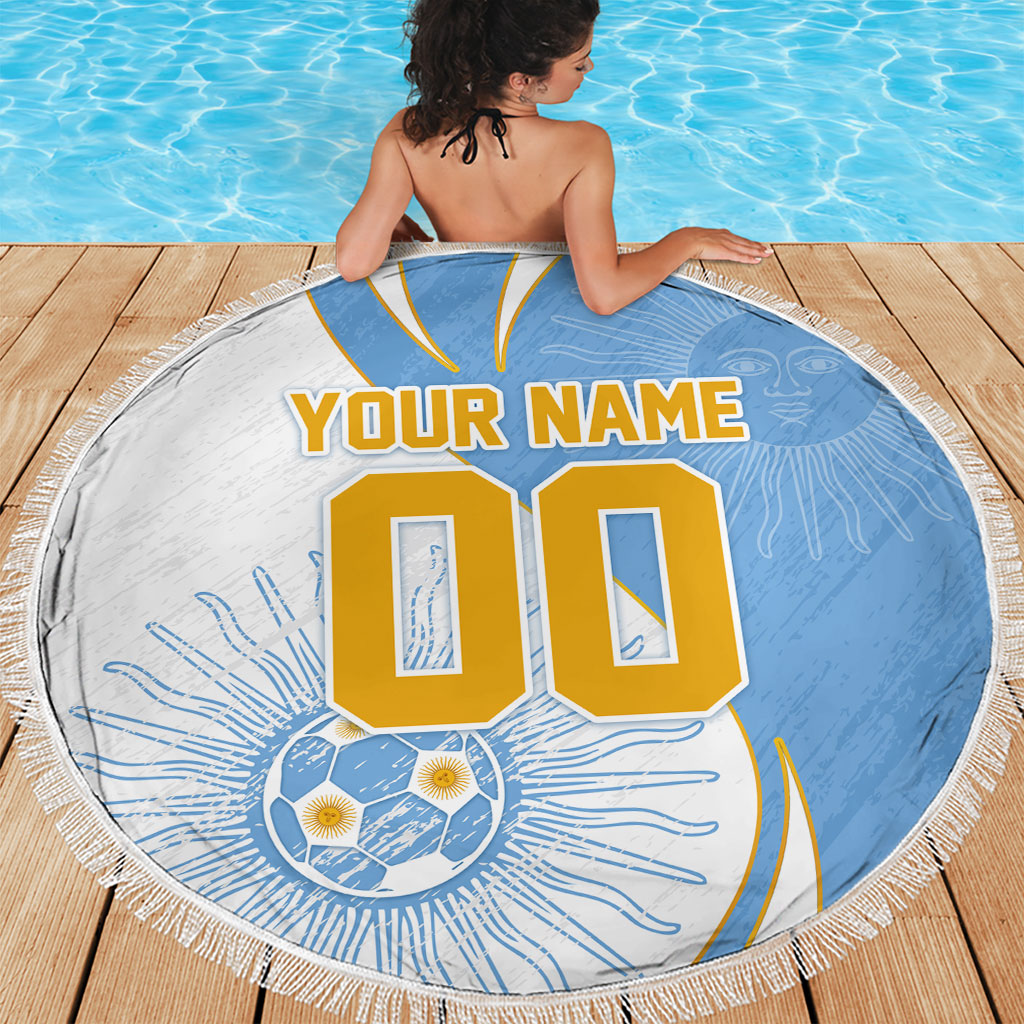 Personalized Argentina Football Fan Pride Beach Blanket Sun Of May Motif With Distressed Textures And Waves