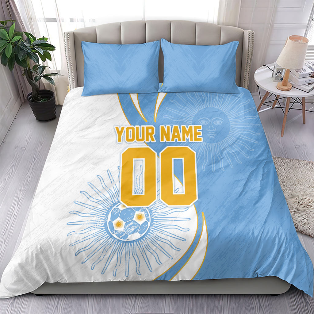 Personalized Argentina Football Fan Pride Bedding Set Sun Of May Motif With Distressed Textures And Waves