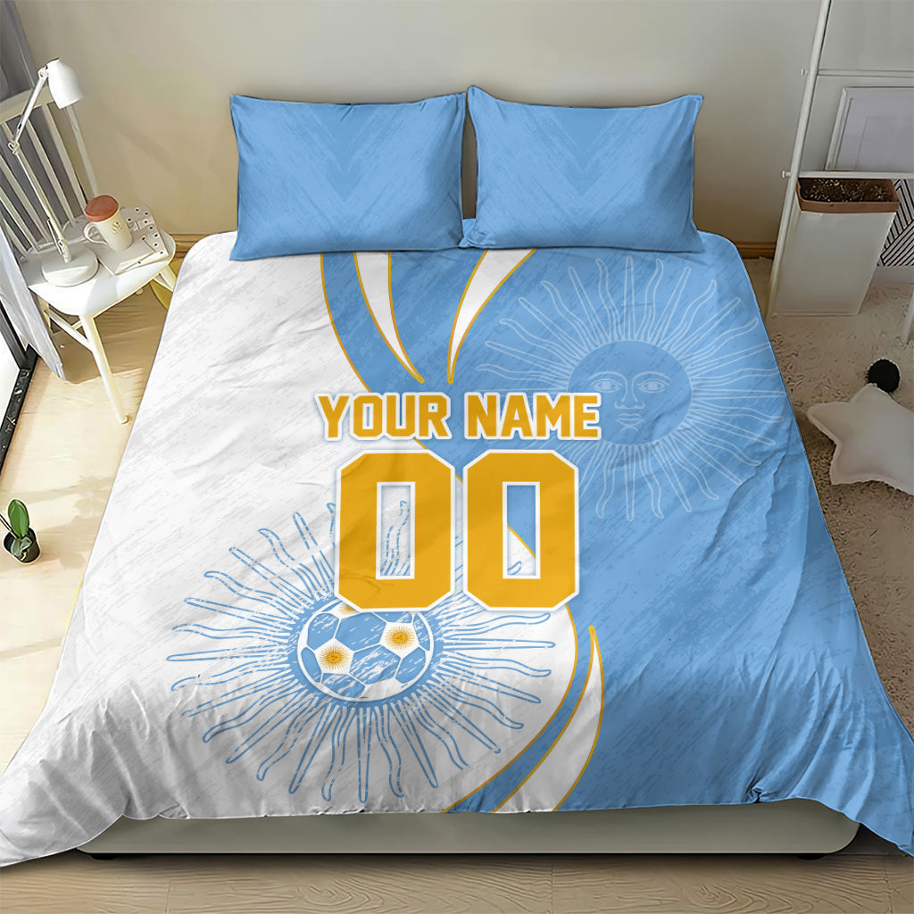 Personalized Argentina Football Fan Pride Bedding Set Sun Of May Motif With Distressed Textures And Waves