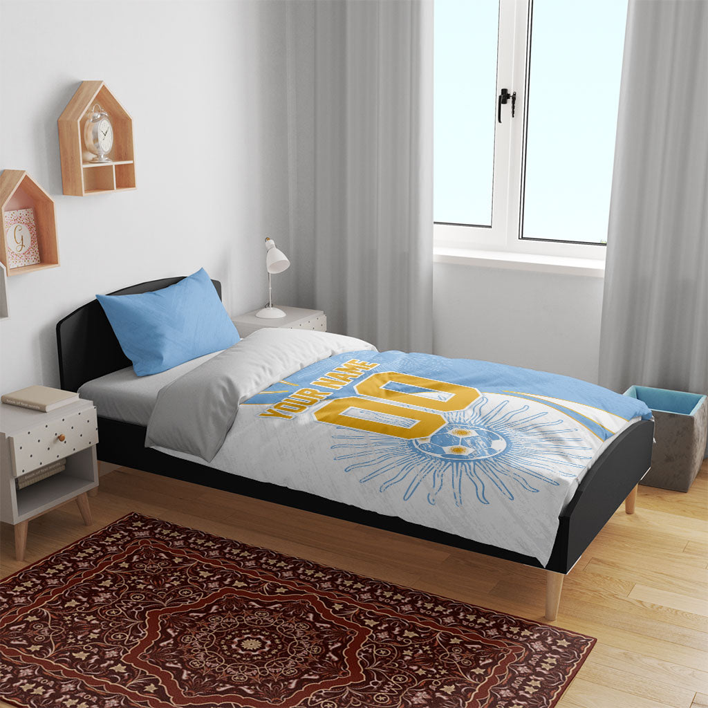 Personalized Argentina Football Fan Pride Bedding Set Sun Of May Motif With Distressed Textures And Waves