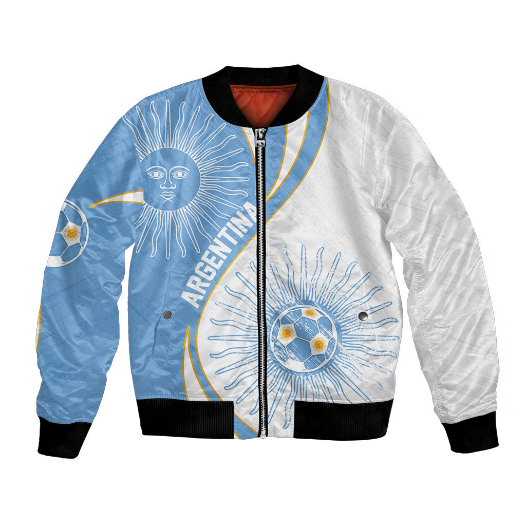 Personalized Argentina Football Fan Pride Bomber Jacket Sun Of May Motif With Distressed Textures And Waves