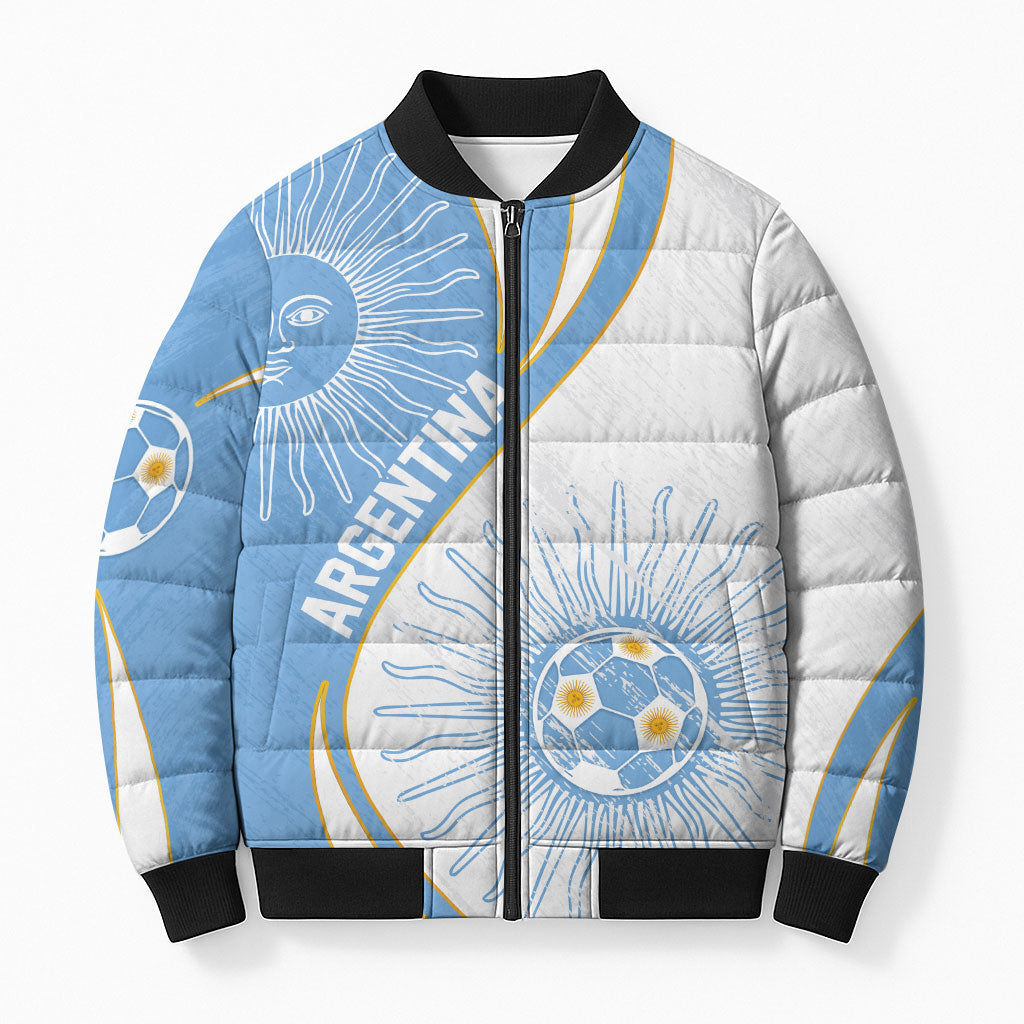 Personalized Argentina Football Fan Pride Bomber Puffer Jacket Sun Of May Motif With Distressed Textures And Waves