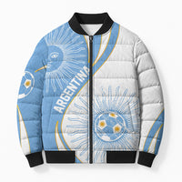 Personalized Argentina Football Fan Pride Bomber Puffer Jacket Sun Of May Motif With Distressed Textures And Waves