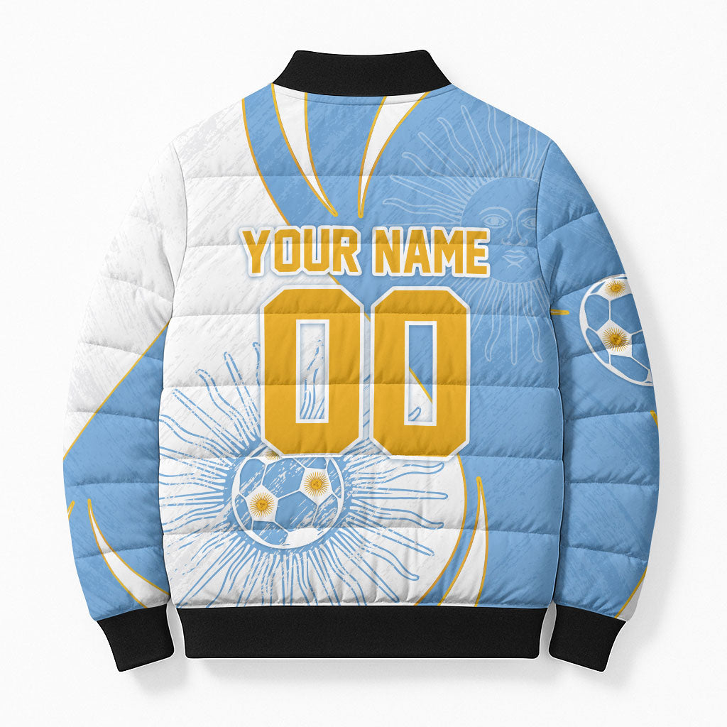 Personalized Argentina Football Fan Pride Bomber Puffer Jacket Sun Of May Motif With Distressed Textures And Waves