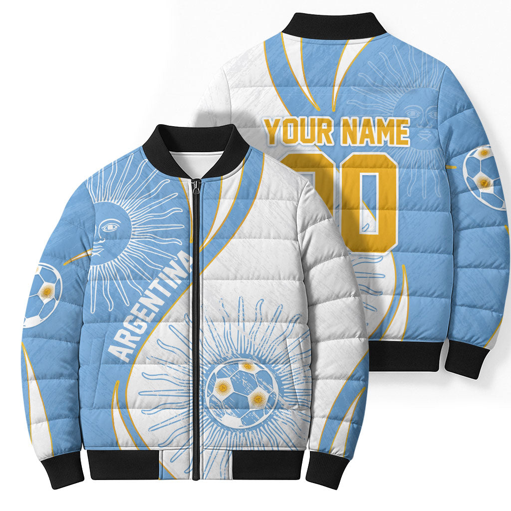 Personalized Argentina Football Fan Pride Bomber Puffer Jacket Sun Of May Motif With Distressed Textures And Waves