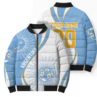 Personalized Argentina Football Fan Pride Bomber Puffer Jacket Sun Of May Motif With Distressed Textures And Waves