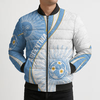 Personalized Argentina Football Fan Pride Bomber Puffer Jacket Sun Of May Motif With Distressed Textures And Waves