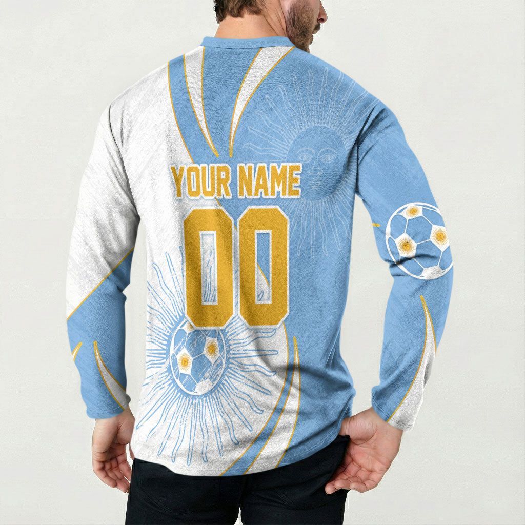 Personalized Argentina Football Fan Pride Button Sweatshirt Sun Of May Motif With Distressed Textures And Waves