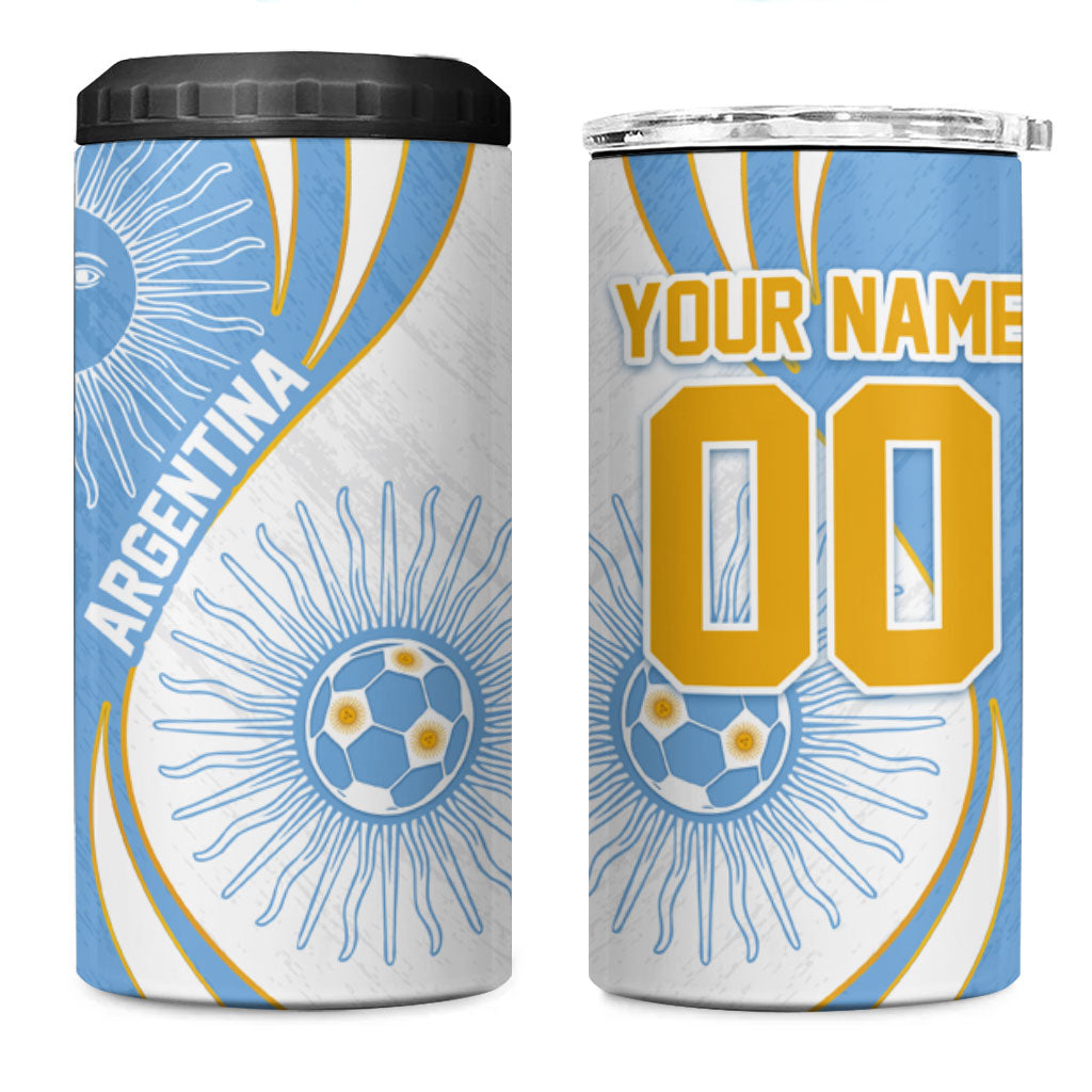 Personalized Argentina Football Fan Pride 4 in 1 Can Cooler Tumbler Sun Of May Motif With Distressed Textures And Waves