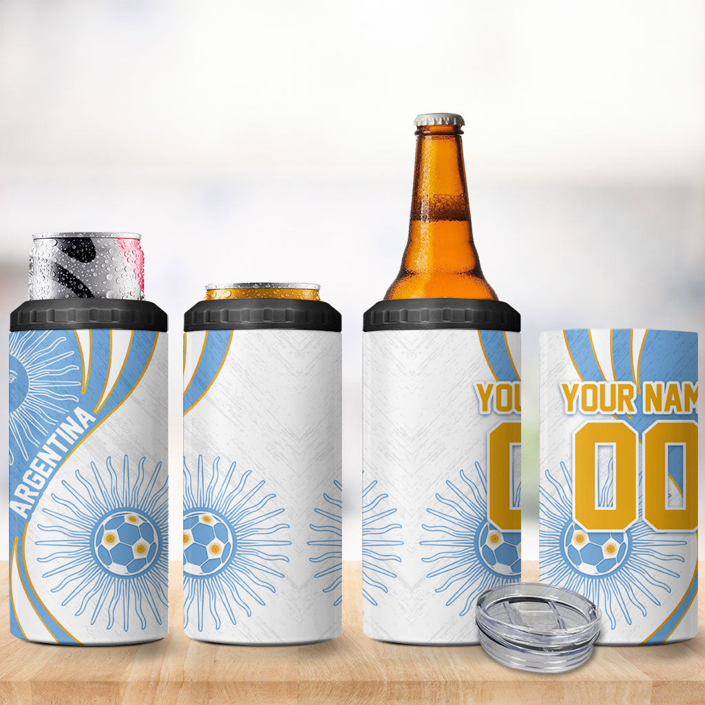 Personalized Argentina Football Fan Pride 4 in 1 Can Cooler Tumbler Sun Of May Motif With Distressed Textures And Waves