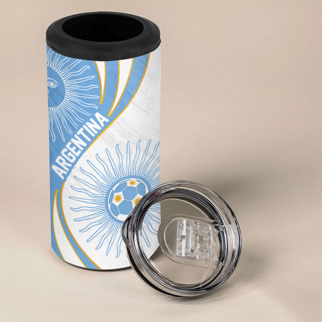 Personalized Argentina Football Fan Pride 4 in 1 Can Cooler Tumbler Sun Of May Motif With Distressed Textures And Waves