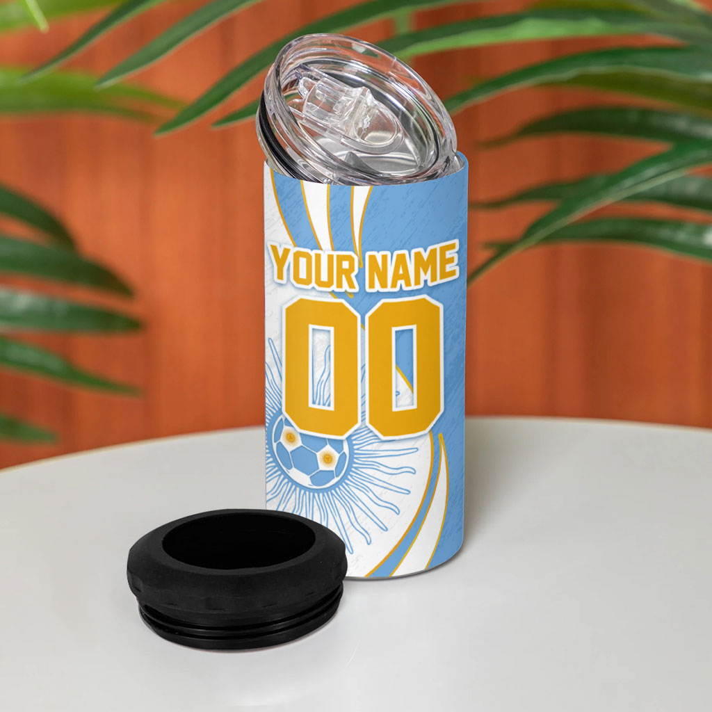 Personalized Argentina Football Fan Pride 4 in 1 Can Cooler Tumbler Sun Of May Motif With Distressed Textures And Waves