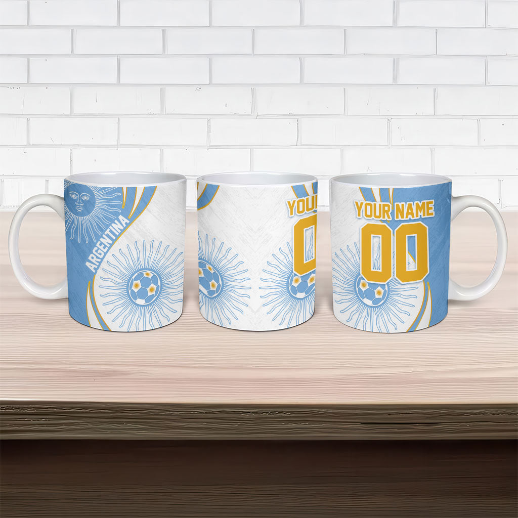 Personalized Argentina Football Fan Pride Ceramic Mug Sun Of May Motif With Distressed Textures And Waves